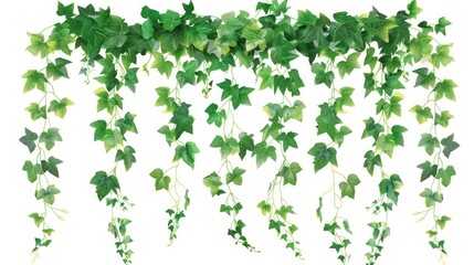 Green Ivy Leaves Hanging and Climbing Plant with Flowers depicted on White Background