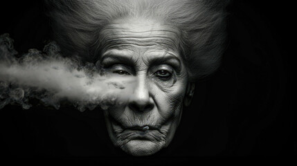 Portrait of an Elderly Woman Smoking a Cigarette: Capturing the Deep Wrinkles, Intense Eyes, and Winter Clothing in a Striking Image that Conveys a Lifetime of Stories Wallpaper Digital Art Poster