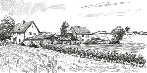 Fototapeta premium Pen and Ink Drawing of a Rural Farm