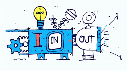 Hand-drawn illustration of a machine with gears, symbolizing the concept of functions in programming. Ideal for educational content on coding and software development.