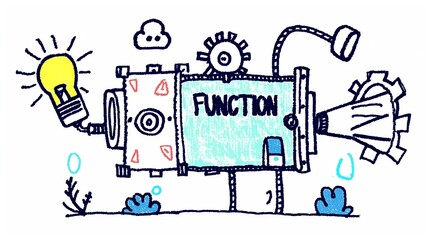 A hand-drawn doodle illustrating a machine with gears, symbolizing the concept of functions in programming. This visual metaphor captures the mechanical precision and logic of coding functions.