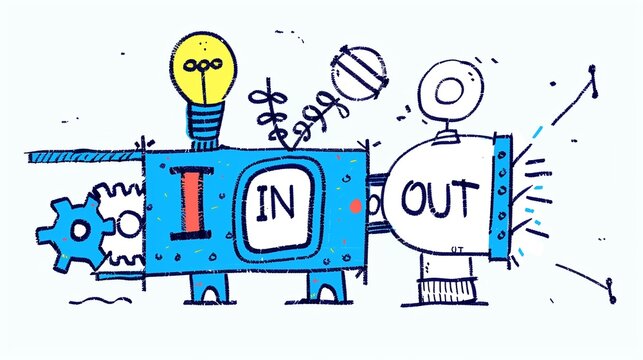 Hand-drawn illustration of a machine with gears, symbolizing the concept of functions in programming. Ideal for educational content on coding and software development.