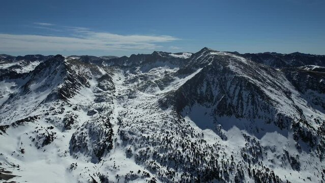 Aerial video over Coll blanc KSB ski resort, Andorra in a snowy winter