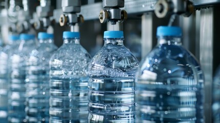 bottled drinking water production line. packaging and production of drinking water in plastic bottles on an assembly line at a factory