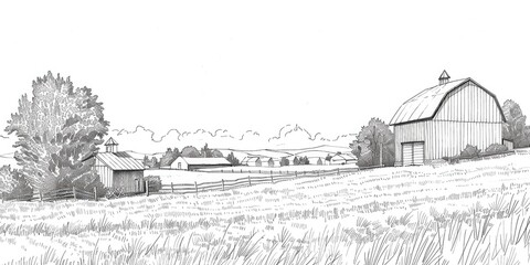 Fototapeta premium Pen and Ink Drawing of a Rural Farm