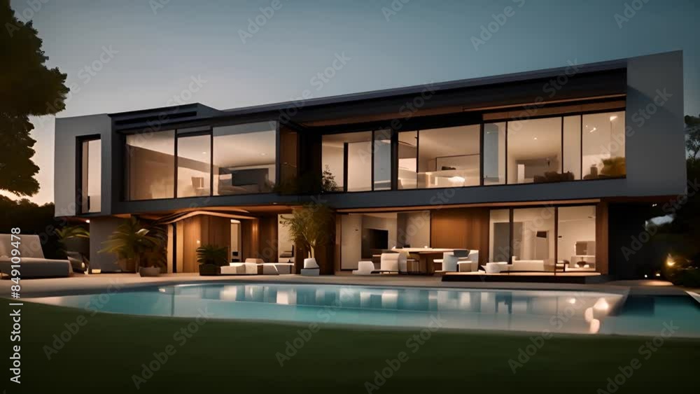 Poster modern home with pool at dusk generative ai
