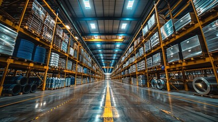 Blue lighting casts a futuristic glow in a warehouse lined with shelving units, emphasizing organizational efficiency