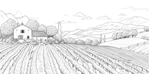 Fototapeta premium Pen and Ink Drawing of a Rural Farm