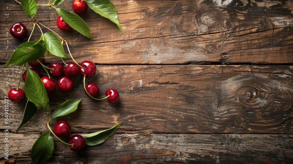 Canvas Prints Cherries with leaves on wood background