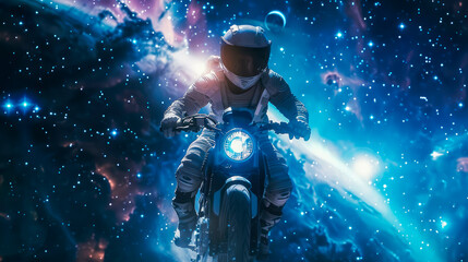 Fototapeta premium An astronaut on his motorcycle is flying in open space. Concept for adventure and exploration.