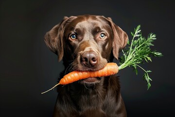 Dog that holds a fresh carrot in its teeth