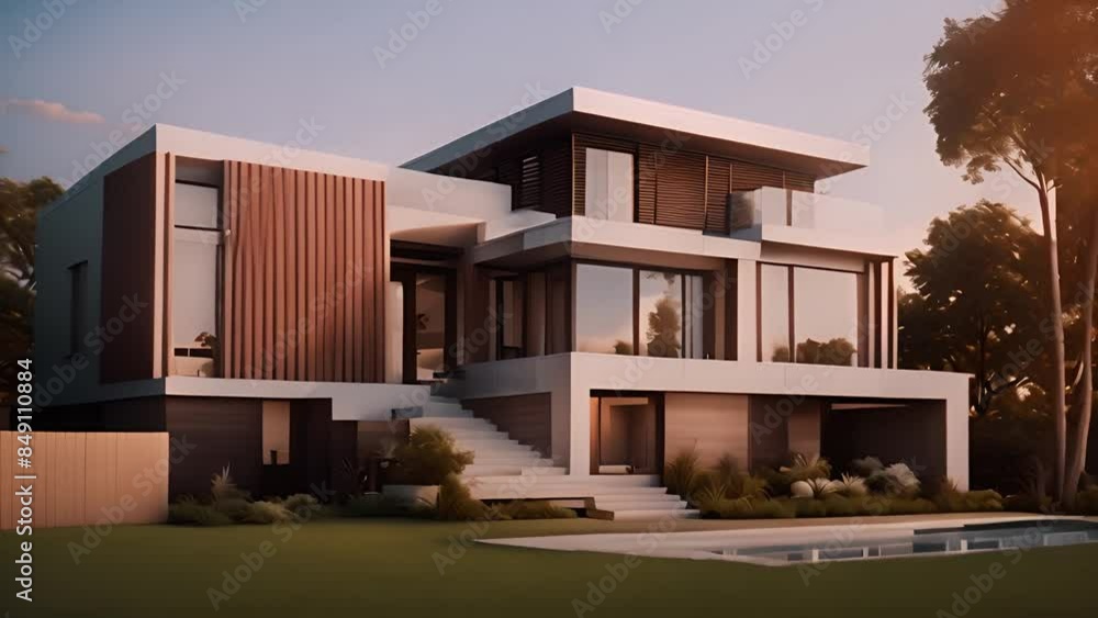 Poster modern home with pool and patio generative ai