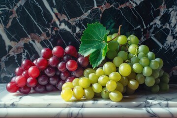 A bunch of grapes with a leaf on top of them