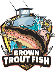 Vector Illustration of Brown Trout Fish with Boat, Anchor and Waves with Vintage Illustration Available for Fishing Logo