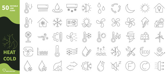 Cold and heat icons. Set of icons for water, fire, wind, air conditioning, thermometer,...