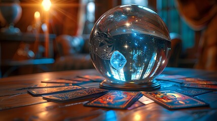 Mystic Crystal Ball Gazing with Tarot Cards on Glowing Surface