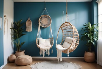 interior design style- reading nook with a hanging rattan chair, cozy floor pouf, and a macrame wall hanging