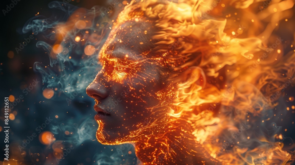Poster an abstract fiery scene with swirling smoke, conveying chaos or transformation with a dynamic blend 