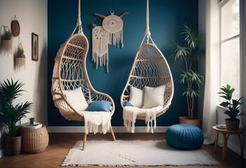 interior design style- reading nook with a hanging rattan chair, cozy floor pouf, and a macrame wall hanging