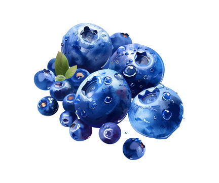 Blueberries and blue grapes isolated on a white background, surrounded by various blue objects like balls, marbles, and spheres, creating a colorful and vibrant composition