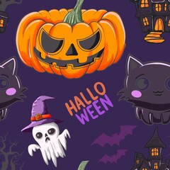 Halloween seamless pattern - creepy pumpkin lanterns with scary faces, traditional holiday halloween symbols ,seamless texture