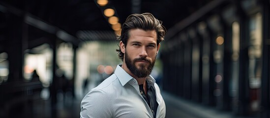 young handsome attractive bearded model man in urban context. Creative banner. Copyspace image