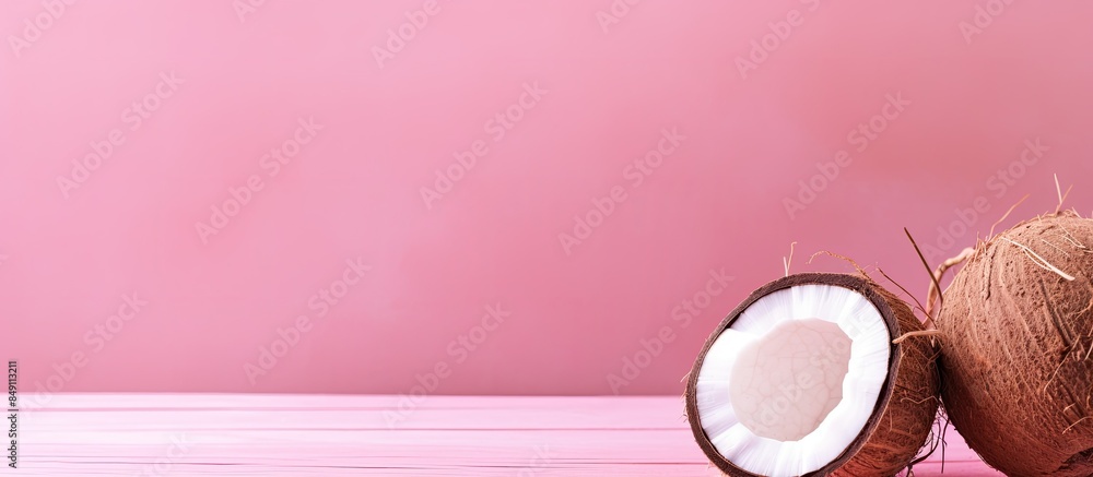 Poster fresh coconut shell on pink background summer concept. creative banner. copyspace image