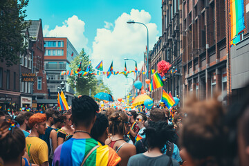 Obraz premium Gay Pride march, town in celebration with people in the street in lgbt rainbow colours