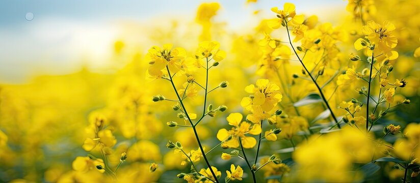 Mustard flowers in mustard field. Creative banner. Copyspace image