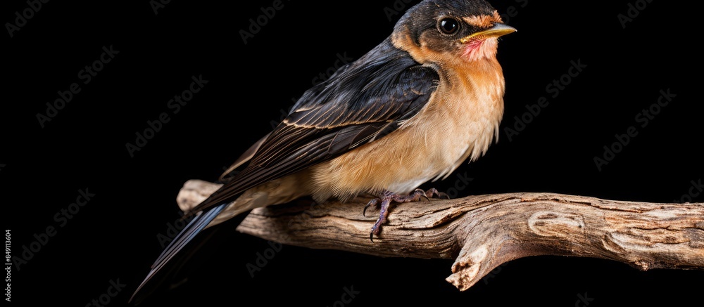 Canvas Prints Close up photo of a two chicks barn swallow sits on a branch isolated on white background. Creative banner. Copyspace image