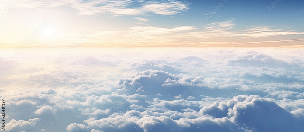 Poster sky and clouds with morning sunshine sky views and clouds outside the plane. creative banner. copysp