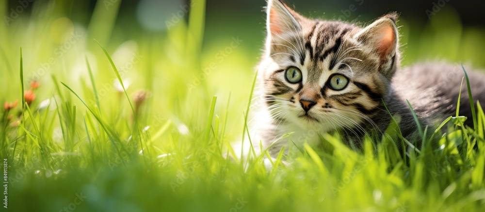 Poster cute little kitten lying on green grass in summer top view. creative banner. copyspace image