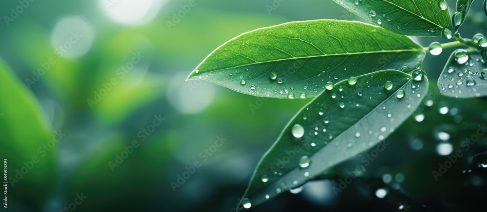 Poster small leaves with water drops and a room for your ads message topic. Creative banner. Copyspace image