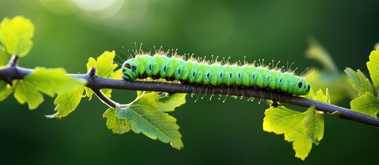 Fototapeta premium green caterpillar on branch. Creative banner. Copyspace image