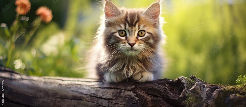 Poster close up portrait maine coon kitten cute fluffy little gray cat sitting on a tree trunk in the garde