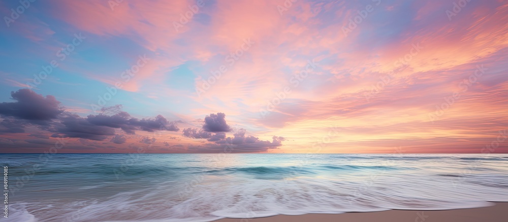 Poster Blurred image of beautiful colored sky during afternoon in nature beach. Creative banner. Copyspace image