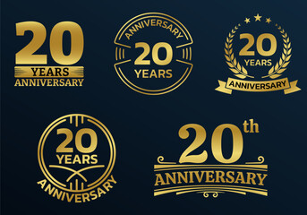 20 years icon or logo set. 20th anniversary celebrating golden sign or stamp. Jubilee, birthday celebration design element. Vector illustration.