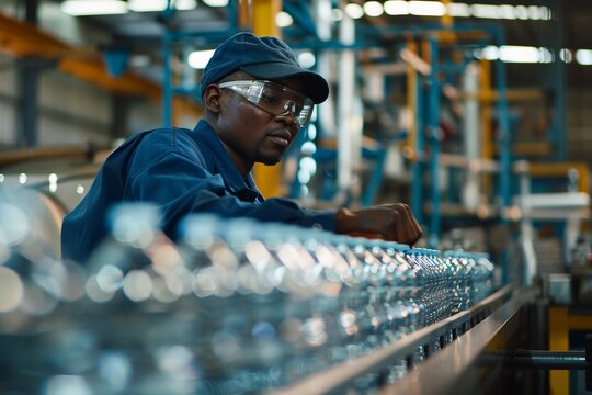 African American factory worker in protective gear inspecting plastic bottles on a production line