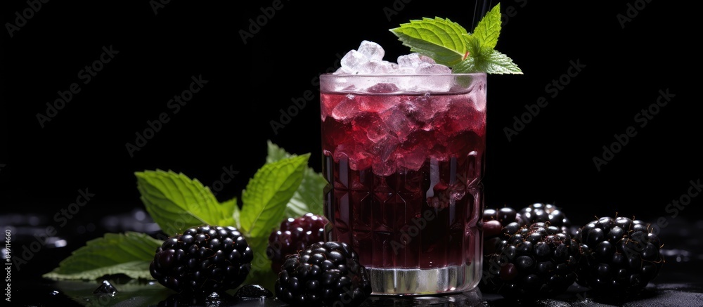 Wall mural Fresh blackberry juice decorated with blackberry sugar and leaves. Creative banner. Copyspace image - Wall murals