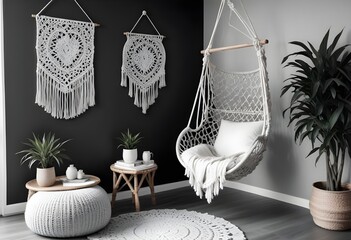 interior design style- reading nook with a hanging rattan chair, cozy floor pouf, and a macrame wall hanging