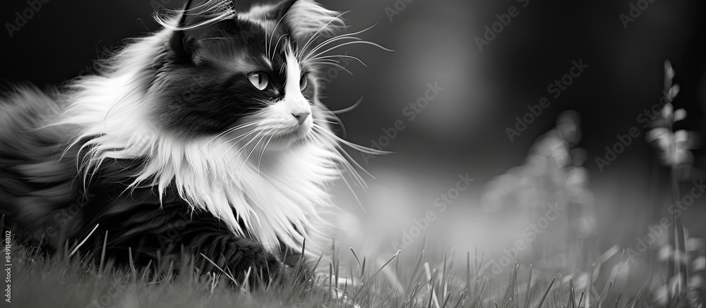 Poster black and white cat lying on the grass in the backyard. creative banner. copyspace image