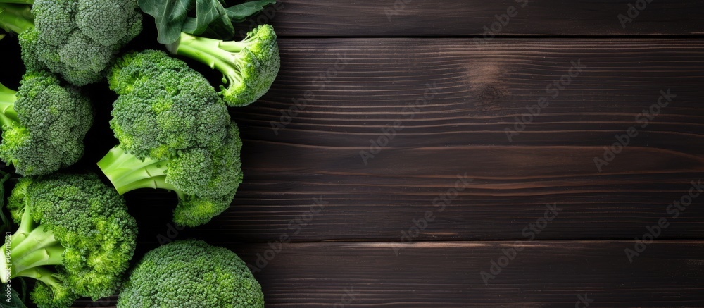 Poster fresh broccoli on dark wooden table background top view. creative banner. copyspace image