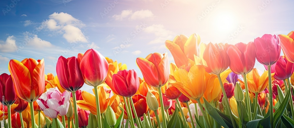 Aufkleber tulips bright beautiful color bloom in the garden in the open field warm spring day close up. creati
