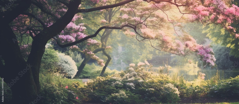 Aufkleber Beautiful blurred defocused effect bokeh on the garden trees in summer time with vintage filter. Creative banner. Copyspace image