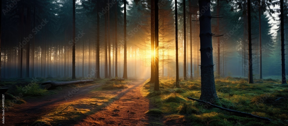 Aufkleber sunset sunrise in atumn coniferous forest trees nature woods hdr. creative banner. copyspace image