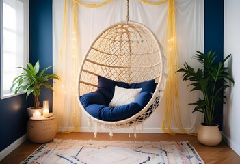 interior design style- reading nook with a hanging rattan chair, cozy floor pouf, and a macrame wall hanging