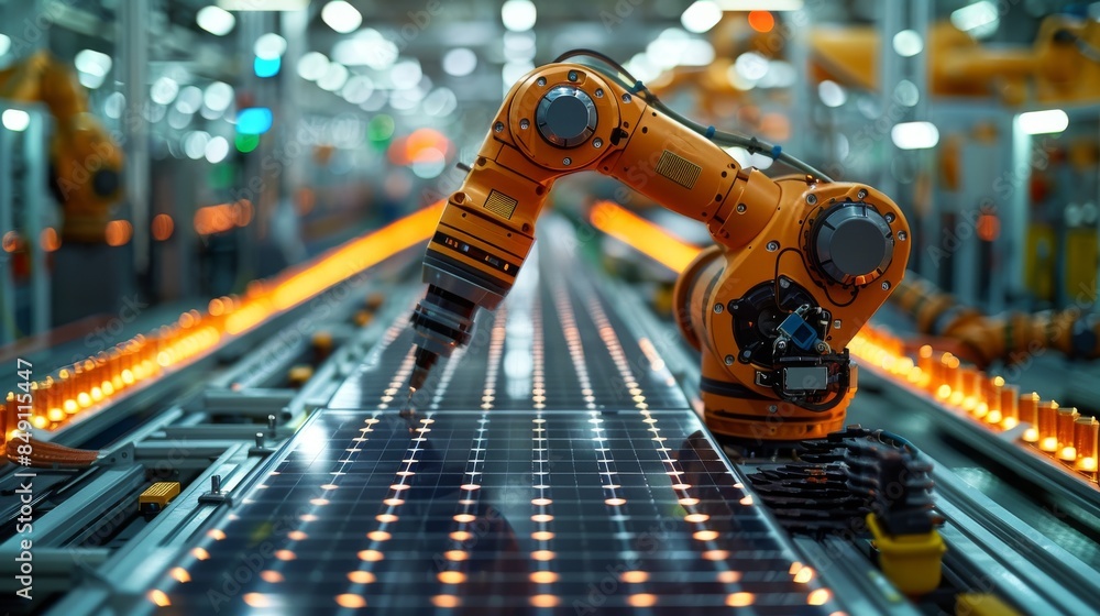 Poster a robotic arm in an industrial setting is surrounded by vibrant led lights on an assembly line