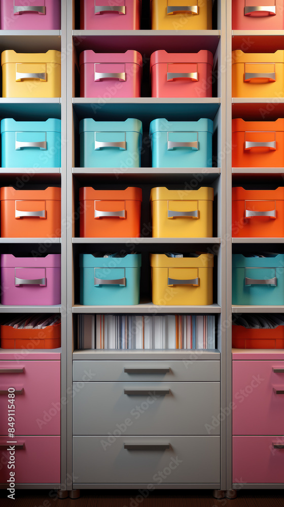Poster a colorful shelf with many boxes of different colors