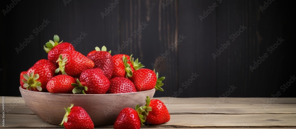 Poster part of a dish with strawberry and some fallen red berries on old gray boards close up horizontal sh