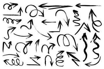 Set of hand drawn arrows with curvy lines. Colorful dry brush strokes with grunge. Hand drawn isolated wavy pointers.